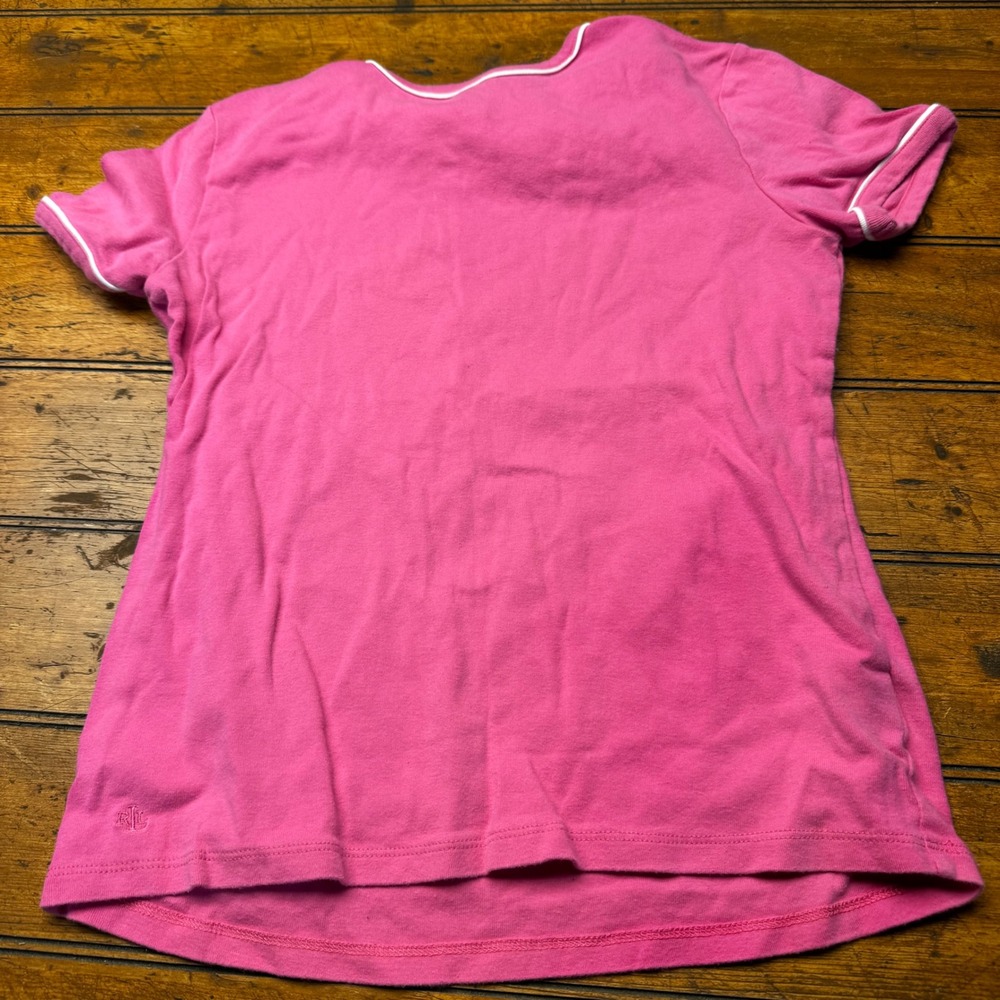 Lauren Ralph Lauren Pink Cotton Crewneck T-Shirt White Piping Trim Womens Medium